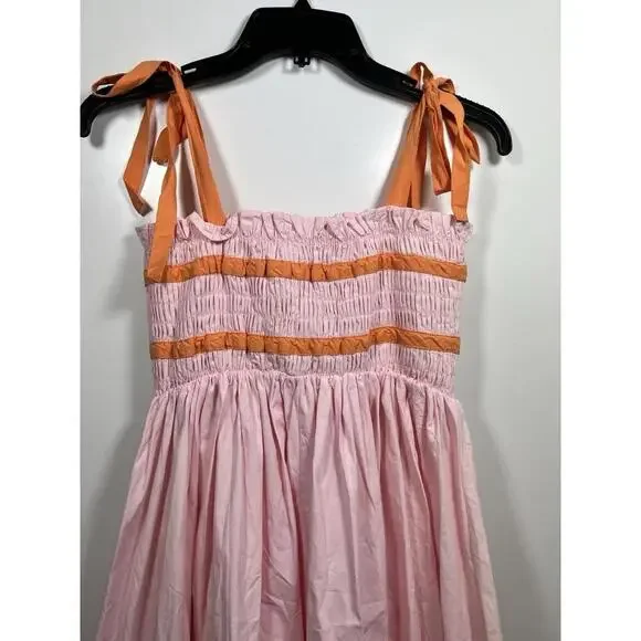 MABLE Lecia Smocked Midi Dress Pink Size Small Orange Tie Straps Smocked Summer - Picture 8 of 9